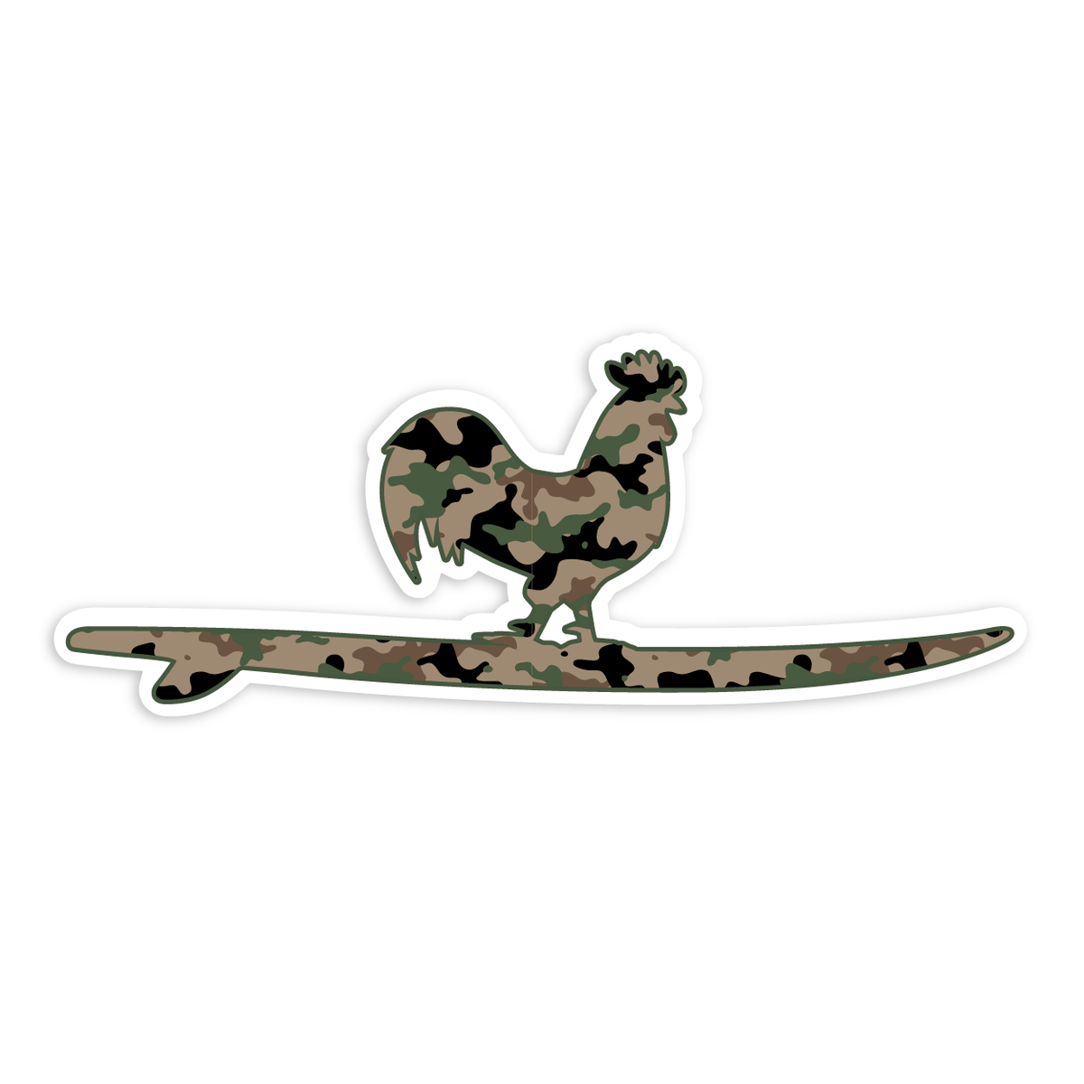 Camo Surfing Rooster Sticker