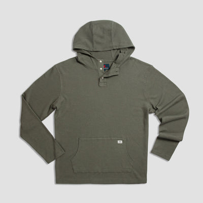A long-sleeve, olive green hooded sweatshirt with a partial button-up collar and a front kangaroo pocket, laid flat on a light background.