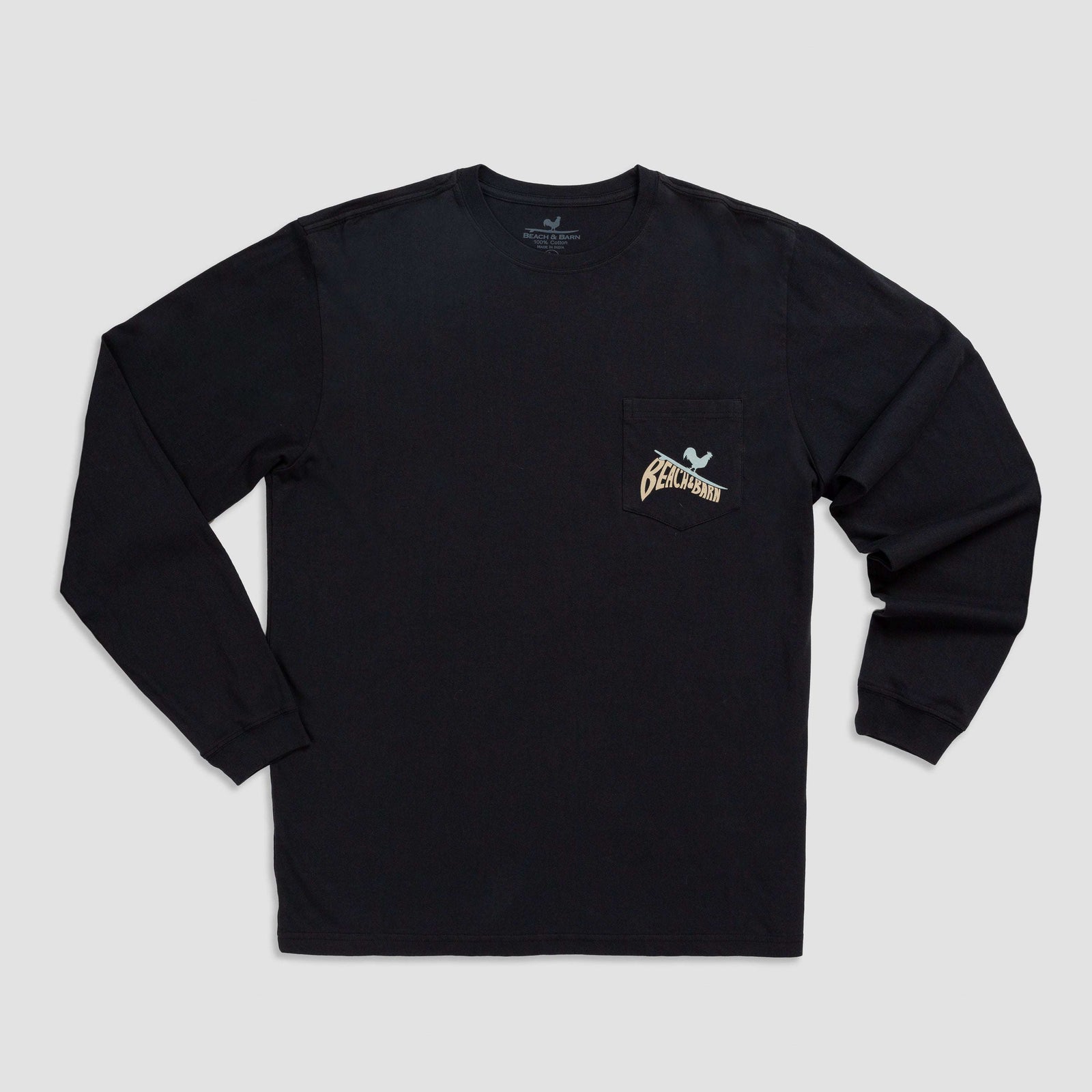 A black long-sleeve shirt with a graphic on the back showing a rooster standing on a surfboard above the stylized text BEACH BARN.