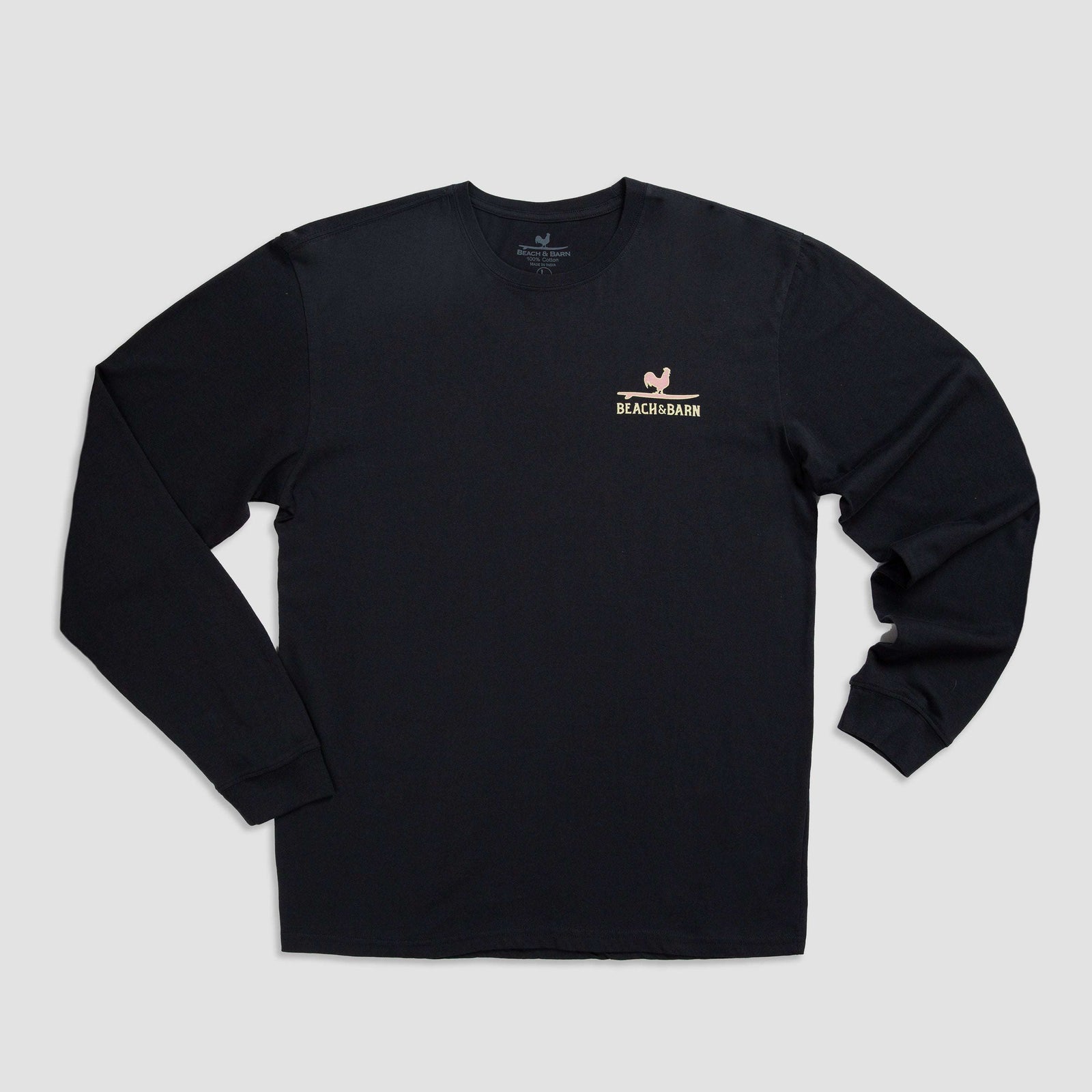 A black long-sleeve shirt with a large yellow fish graphic and the words Beach & Barn Charters Saltwater Freshwater printed on the back in bold letters.