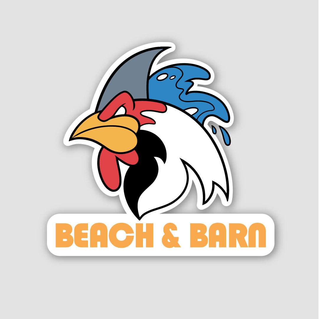Logo featuring a stylized rooster with a shark fin and splash, above the words BEACH & BARN in bold orange letters on a white background.
